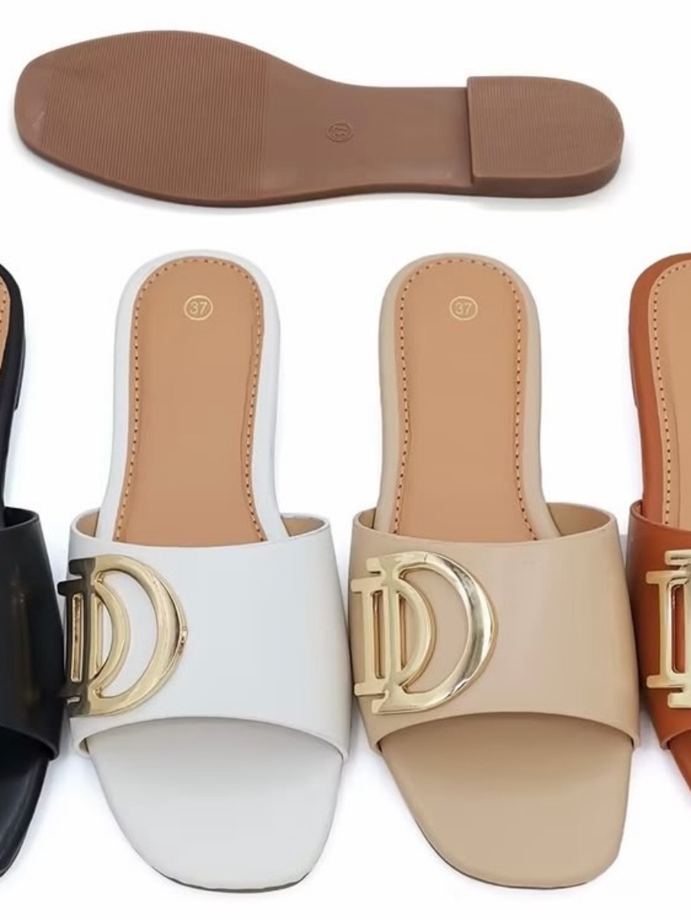Gold-Embellished Slide Sandals in White and Beige
